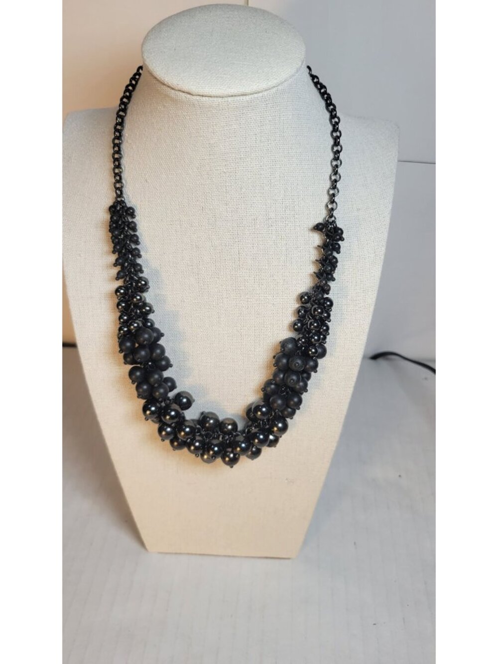Lia Sophia Knock Out Black Beaded Cluster Statement Necklace Adjustable Chain